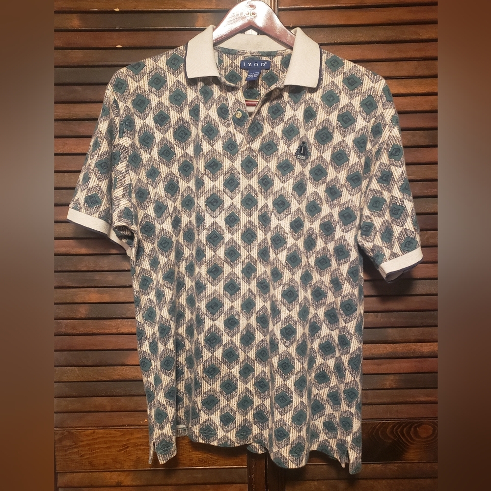 IZOD Men's Vintage Polo Shirt with Green and Tan Geometric Pattern